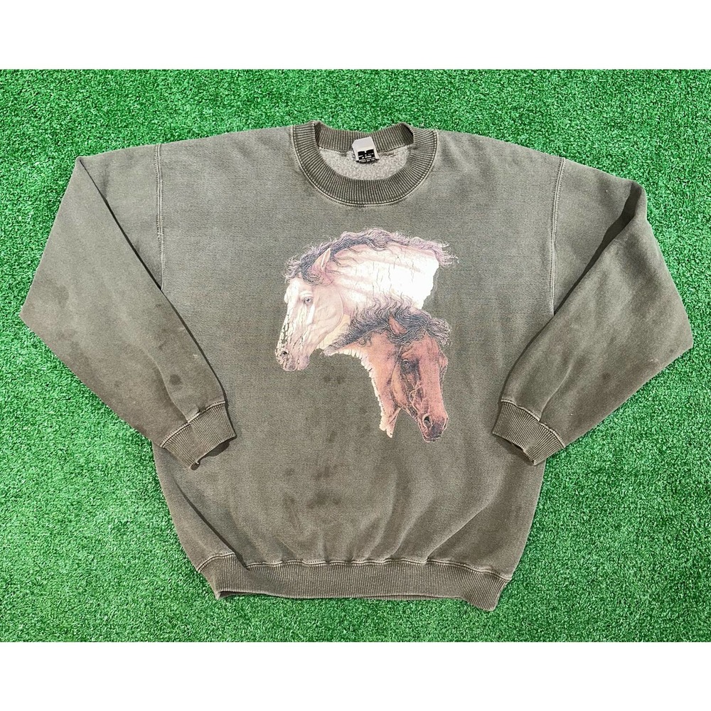Vintage 90s Majestic Horse Olive Green Sweatshirt Size Medium